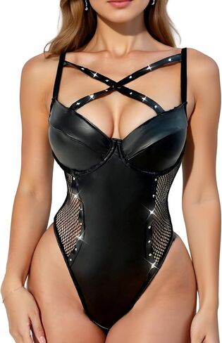 FEOYA Women Cutout Bodysuit Mesh Sheer One Piece Lingerie Leather Leotard for Cosplay Party Club in Kuwait