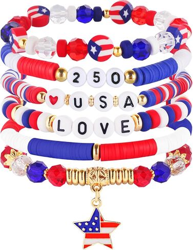 Mysense Patriotic Red White Blue Beaded Bracelets Set,250 Anniversary USA Flag Bracelets,4th of July Accessories for Women Outfits,Stretch Bracelets for Independence Day Memorial Day Veterans Day in Saudi Arabia