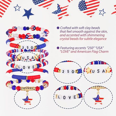 Mysense Patriotic Red White Blue Beaded Bracelets Set,250 Anniversary USA Flag Bracelets,4th of July Accessories for Women Outfits,Stretch Bracelets for Independence Day Memorial Day Veterans Day in Saudi Arabia