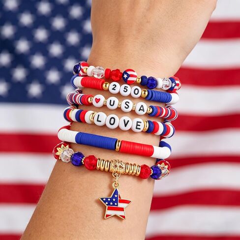 Mysense Patriotic Red White Blue Beaded Bracelets Set,250 Anniversary USA Flag Bracelets,4th of July Accessories for Women Outfits,Stretch Bracelets for Independence Day Memorial Day Veterans Day in Saudi Arabia