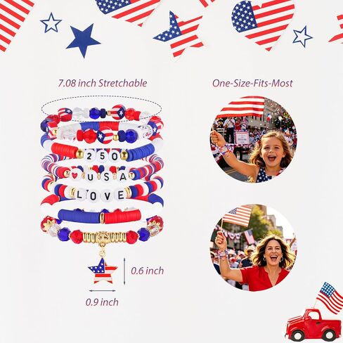 Mysense Patriotic Red White Blue Beaded Bracelets Set,250 Anniversary USA Flag Bracelets,4th of July Accessories for Women Outfits,Stretch Bracelets for Independence Day Memorial Day Veterans Day in Saudi Arabia
