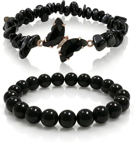 BELLA-Bee Natural Amethyst Healing Stone Bracelet Set for Women, Anxiety Relief Nature Stone Beaded Layered Bracelet with Butterfly Charm, Calming Spiritual Jewelry Gifts in Kuwait