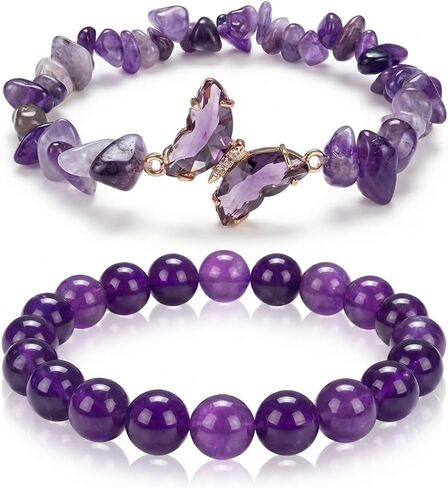 BELLA-Bee Natural Amethyst Healing Stone Bracelet Set for Women, Anxiety Relief Nature Stone Beaded Layered Bracelet with Butterfly Charm, Calming Spiritual Jewelry Gifts in Kuwait