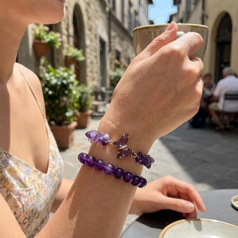 BELLA-Bee Natural Amethyst Healing Stone Bracelet Set for Women, Anxiety Relief Nature Stone Beaded Layered Bracelet with Butterfly Charm, Calming Spiritual Jewelry Gifts in Kuwait