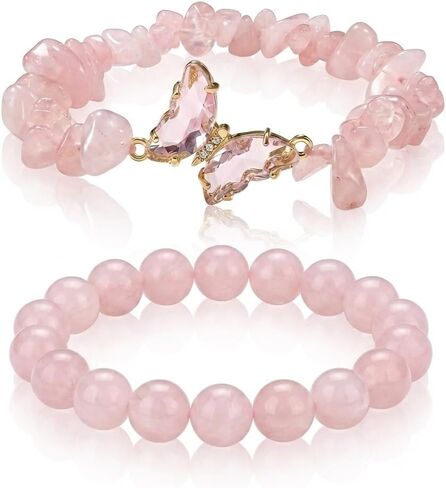 BELLA-Bee Natural Amethyst Healing Stone Bracelet Set for Women, Anxiety Relief Nature Stone Beaded Layered Bracelet with Butterfly Charm, Calming Spiritual Jewelry Gifts in Kuwait