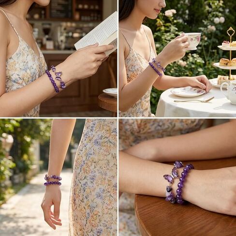 BELLA-Bee Natural Amethyst Healing Stone Bracelet Set for Women, Anxiety Relief Nature Stone Beaded Layered Bracelet with Butterfly Charm, Calming Spiritual Jewelry Gifts in Kuwait