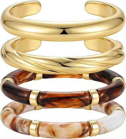 INSYOHO Chunky Bracelets for Women - Boho Acrylic Bamboo Bangles Resin Gold Cuff Bracelets Open, Stackable Festival Vacation Wide Bangle, Brown and Gold Jewelry for Women in Saudi Arabia
