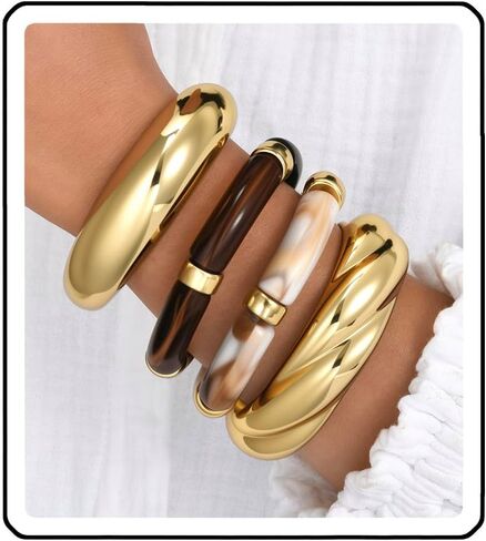 INSYOHO Chunky Bracelets for Women - Boho Acrylic Bamboo Bangles Resin Gold Cuff Bracelets Open, Stackable Festival Vacation Wide Bangle, Brown and Gold Jewelry for Women in Saudi Arabia
