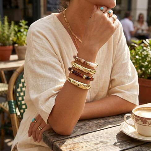 INSYOHO Chunky Bracelets for Women - Boho Acrylic Bamboo Bangles Resin Gold Cuff Bracelets Open, Stackable Festival Vacation Wide Bangle, Brown and Gold Jewelry for Women in Saudi Arabia