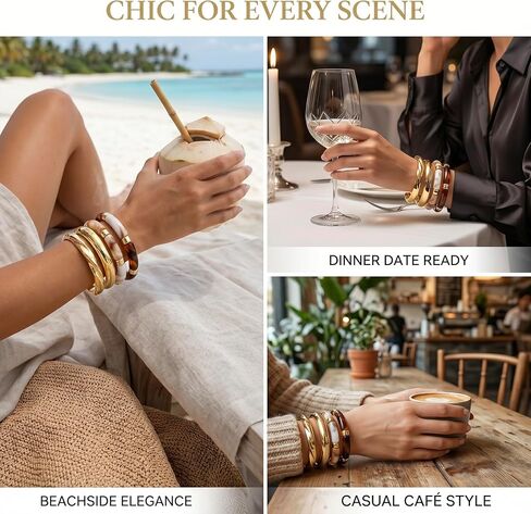 INSYOHO Chunky Bracelets for Women - Boho Acrylic Bamboo Bangles Resin Gold Cuff Bracelets Open, Stackable Festival Vacation Wide Bangle, Brown and Gold Jewelry for Women in Saudi Arabia
