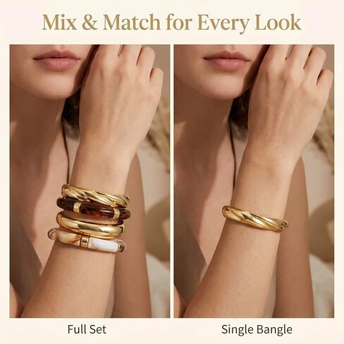 INSYOHO Chunky Bracelets for Women - Boho Acrylic Bamboo Bangles Resin Gold Cuff Bracelets Open, Stackable Festival Vacation Wide Bangle, Brown and Gold Jewelry for Women in Saudi Arabia