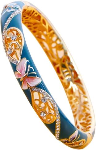 URED Elegant Colorful Cloisonne Enamel Bracelet Bangle for Women Handcraft Hollowed Flower Design Luxury Rhinestone Cloisonne Bangle Bracelet Wedding Birthday Gift in Saudi Arabia