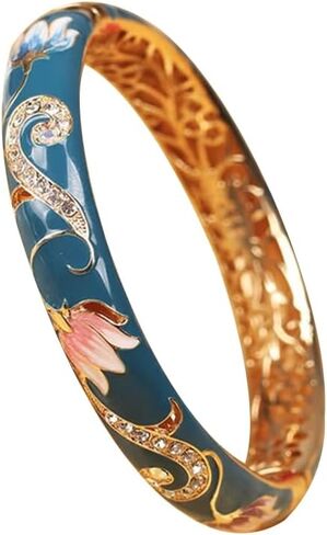 URED Elegant Colorful Cloisonne Enamel Bracelet Bangle for Women Handcraft Hollowed Flower Design Luxury Rhinestone Cloisonne Bangle Bracelet Wedding Birthday Gift in Saudi Arabia