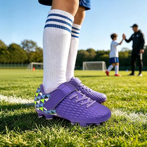 Girls Boys Soccer Cleats, Kids Firm Ground Football Shoes Lightweight Anti-Slip Hook&Loop Athletic Outdoor Sneakers for Little/Big Kids Purple in Kuwait