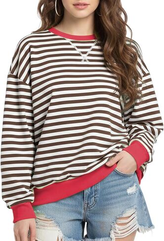 Women Striped Oversized Sweatshirt Long Sleeve Crewneck Shirt Fall Fashion 2025 Pullover Top Preppy Y2K Clothes Brown in Saudi Arabia