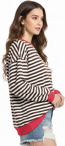 Women Striped Oversized Sweatshirt Long Sleeve Crewneck Shirt Fall Fashion 2025 Pullover Top Preppy Y2K Clothes Brown in Saudi Arabia
