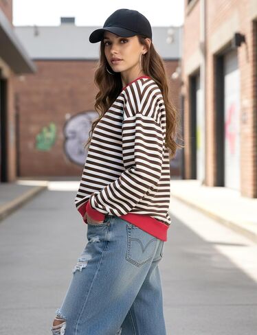 Women Striped Oversized Sweatshirt Long Sleeve Crewneck Shirt Fall Fashion 2025 Pullover Top Preppy Y2K Clothes Brown in Saudi Arabia