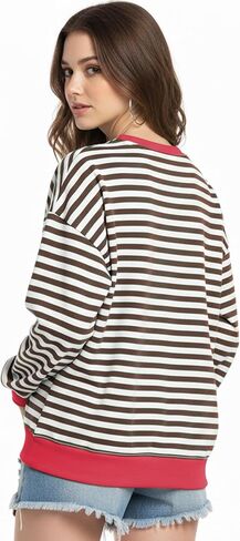 Women Striped Oversized Sweatshirt Long Sleeve Crewneck Shirt Fall Fashion 2025 Pullover Top Preppy Y2K Clothes Brown in Saudi Arabia