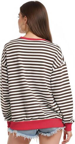 Women Striped Oversized Sweatshirt Long Sleeve Crewneck Shirt Fall Fashion 2025 Pullover Top Preppy Y2K Clothes Brown in Saudi Arabia