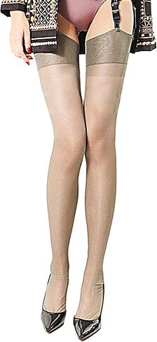 Solid-Color Ultra Sheer Non-Stretch Nylon Thigh-High Stockings with Wide Cuff, for Garter Belts, Retro Style M-XL in Saudi Arabia