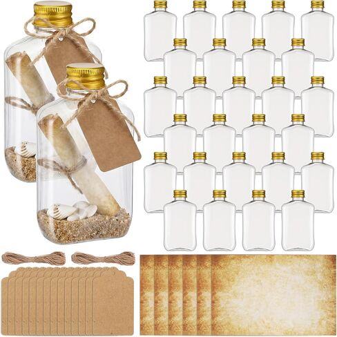 Maxdot 50 Pack 50ml Message Bottles Kit with Vintage Design Paper Plastic Transparent Bottles Brown Kraft Card Twines for Invitations Birthday Wedding DIY Crafts Gift Party Favors in Kuwait