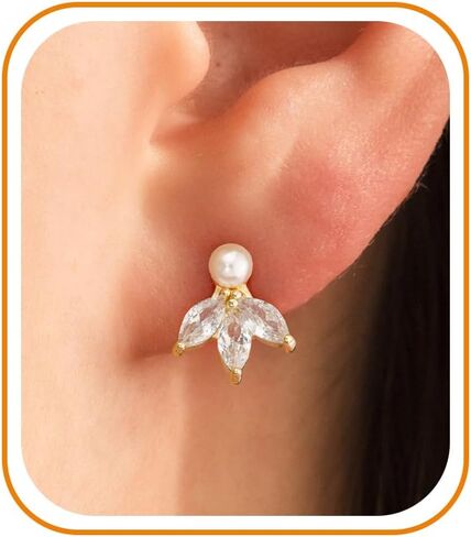 Pearl Earrings - 14k Gold or White Gold Plated Sparkle Cubic Zirconia Dainty Pearl Stud Earrings for Women Wedding Party Bridal in Saudi Arabia