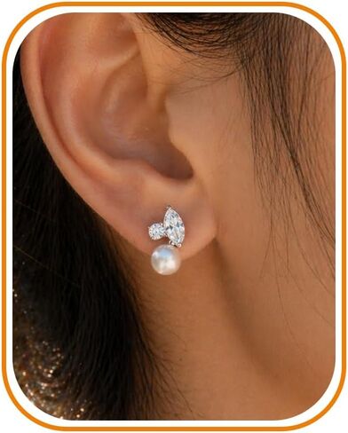 Pearl Earrings - 14k Gold or White Gold Plated Sparkle Cubic Zirconia Dainty Pearl Stud Earrings for Women Wedding Party Bridal in Saudi Arabia