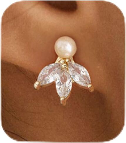 Pearl Earrings - 14k Gold or White Gold Plated Sparkle Cubic Zirconia Dainty Pearl Stud Earrings for Women Wedding Party Bridal in Saudi Arabia