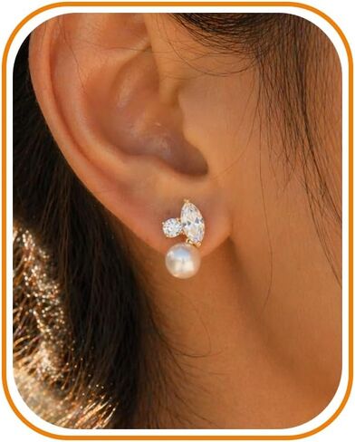 Pearl Earrings - 14k Gold or White Gold Plated Sparkle Cubic Zirconia Dainty Pearl Stud Earrings for Women Wedding Party Bridal in Saudi Arabia