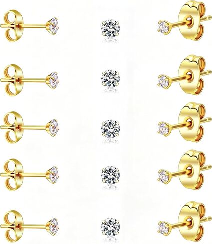 5/10 Pairs Small Gold Silver Stud Earrings for Women Men, 2mm CZ Hypoallergenic Cartilage Earring Set, 14K Gold Plated 316L Stainless Steel Tiny Piercing Studs Multiple Holes in Saudi Arabia