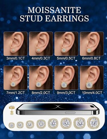 Moissanite Halo Stud Earrings for Women Men, 18K Gold Plated Hypoallergenic 925 Sterling Silver Post Square Moissanite Earring Studs for Sensitive Ear in Kuwait
