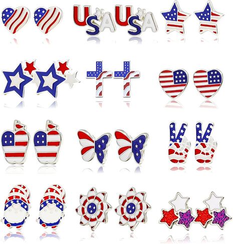 Dreuyet 12 Pairs 4th of July Earrings Set for Women American Flag Patriotic Stud Earrings Red White Blue USA Flag Jewelry for Independence Day Memorial Day Party Gifts in Kuwait