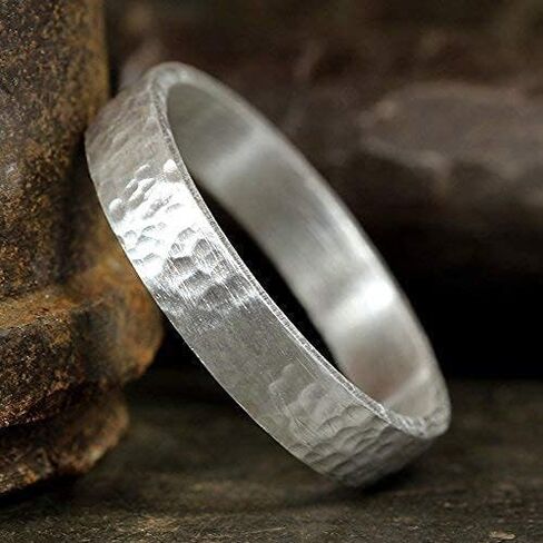925 Sterling Silver Wedding Ring Hammered Flat Pipe Cut Textured Thick & Durable Handmade Unisex Mens & Women Rustic Engagement Promise Band - US Size 4-13 - Custom Engraving in Saudi Arabia