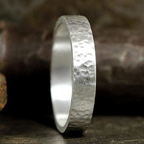 925 Sterling Silver Wedding Ring Hammered Flat Pipe Cut Textured Thick & Durable Handmade Unisex Mens & Women Rustic Engagement Promise Band - US Size 4-13 - Custom Engraving in Saudi Arabia