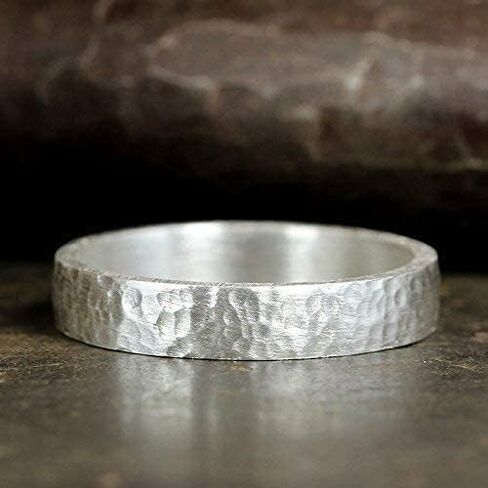 925 Sterling Silver Wedding Ring Hammered Flat Pipe Cut Textured Thick & Durable Handmade Unisex Mens & Women Rustic Engagement Promise Band - US Size 4-13 - Custom Engraving in Saudi Arabia