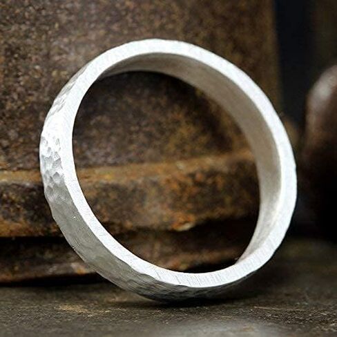 925 Sterling Silver Wedding Ring Hammered Flat Pipe Cut Textured Thick & Durable Handmade Unisex Mens & Women Rustic Engagement Promise Band - US Size 4-13 - Custom Engraving in Saudi Arabia