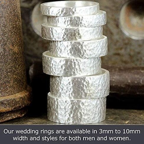 925 Sterling Silver Wedding Ring Hammered Flat Pipe Cut Textured Thick & Durable Handmade Unisex Mens & Women Rustic Engagement Promise Band - US Size 4-13 - Custom Engraving in Saudi Arabia