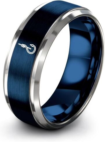 Gift for Fishing Fan - Fish Hook With Rope Ring - Brushed Polished - Tungsten - Flat Dome Bevel - Personalized Custom Engraving - Anniversary Wedding - 8mm - Men Women - Yellow Gold Black Silver Blue in Kuwait