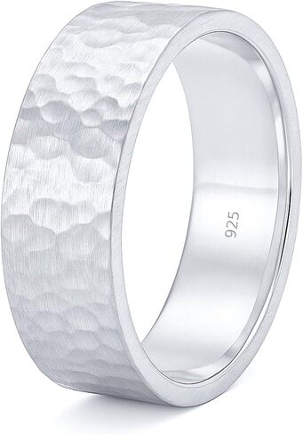 925 Sterling Silver Wedding Ring Hammered Flat Pipe Cut Textured Thick & Durable Handmade Unisex Mens & Women Rustic Engagement Promise Band - US Size 4-13 - Custom Engraving in Kuwait