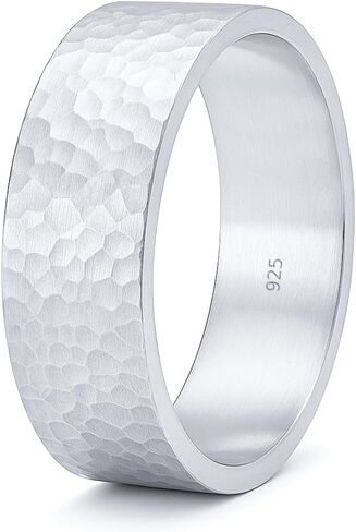 925 Sterling Silver Wedding Ring Hammered Flat Pipe Cut Textured Thick & Durable Handmade Unisex Mens & Women Rustic Engagement Promise Band - US Size 4-13 - Custom Engraving in Saudi Arabia