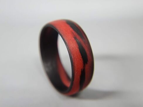 Carbon Fiber Red/Orange Marbled Glow Ring, Matte Finish, Glow-in-the-Dark, Durable, Waterproof, Sizes 4-16, Custom Bandwidths, Made in USA in Saudi Arabia