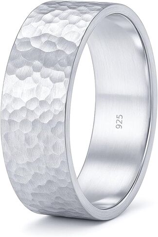 925 Sterling Silver Wedding Ring Hammered Flat Pipe Cut Textured Thick & Durable Handmade Unisex Mens & Women Rustic Engagement Promise Band - US Size 4-13 - Custom Engraving in Saudi Arabia
