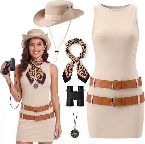 Twistover 5 Pcs Women Safari Costume Hiking Hat Leopard Scarf Compass Black Binoculars Sleeveless Skirt for Halloween Cosplay in Saudi Arabia