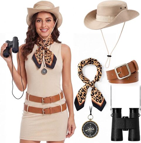 Twistover 5 Pcs Women Safari Costume Hiking Hat Leopard Scarf Compass Black Binoculars Sleeveless Skirt for Halloween Cosplay in Saudi Arabia