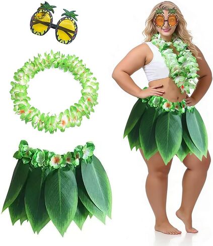 Hawaiian Hula Skirt Green Leaf Skirt with Leis Set Hairclip Outfits for Summer Luau Party, Extra Plus large for Adult (Green) in Saudi Arabia