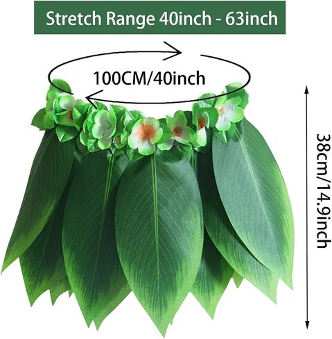 Hawaiian Hula Skirt Green Leaf Skirt with Leis Set Hairclip Outfits for Summer Luau Party, Extra Plus large for Adult (Green) in Saudi Arabia