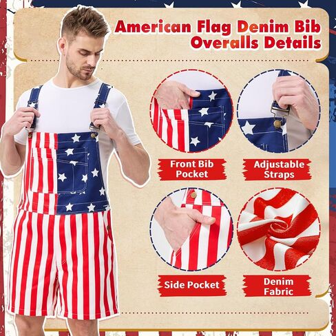 American Flag Overalls Shorts for Men, 4th of July Patriotic Denim Romper with Pockets, Independence Day USA Jumpsuit in Saudi Arabia
