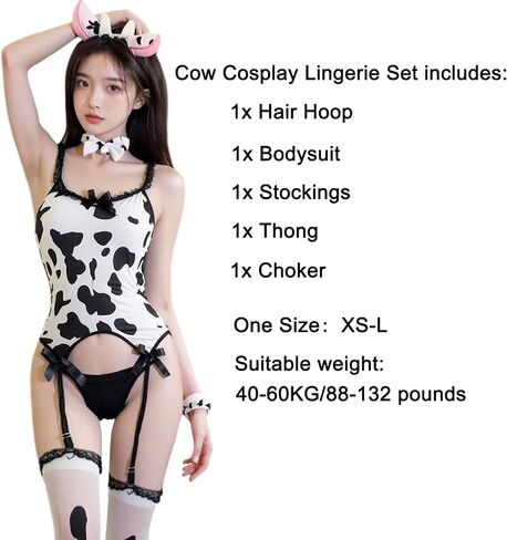 Women's Anime Cow Cosplay Costume Sexy Milk Cow Lingerie Set Milk Leopard Anime Print Costume Set with Choker Stockings Outfit for Roleplay & Themed Photography(5 Pieces) in Saudi Arabia
