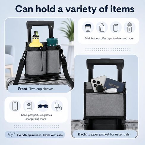 Luggage Travel Cup Holder with Shoulder Strap Free Hand Drink Carrier Carry on Beverage Cup Holder Attachment Fits Roll on Suitcase Handles Business People, Travel Essentials in Kuwait