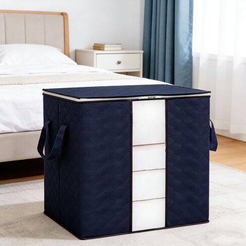 Heavy-Duty Storage Bags with Zipper, Foldable Thick Fabric Blanket Storage Bags, Waterproof Moving & Travel Organizers, Foldable Reinforced Handles (Navy Blue) in Kuwait